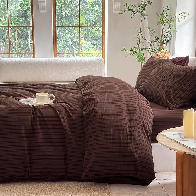 Striped Duvet Cover Set 100% Washed Cotton Linen Like Soft Feelling Breathable Bedding(Pine Bark Brown/Black Strip,Twin)