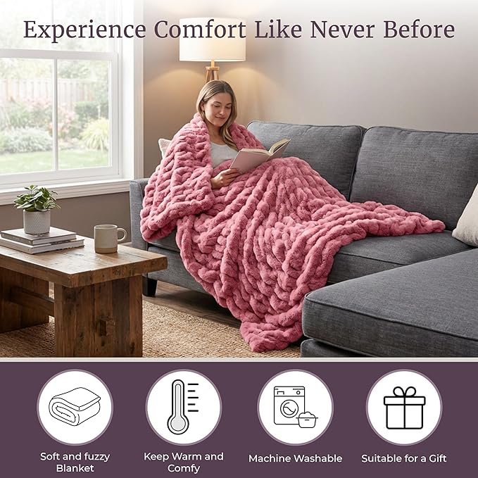 Lavish Home Oversized Ruched Faux Fur Blanket - 60x80-Inch Plush Polyester Faux Fur Queen-Size Throw for Sofas and Beds - Luxurious Bedding (Pink)