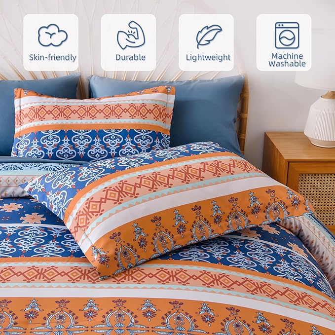 WONGS BEDDING Boho Comforter Set Queen, Blue and Orange Bedding Set 7 Pieces Bed in a Bag Bohemian Striped Bedding Comforter Sets Soft Microfiber Comfortet and Sheet Set for All Season