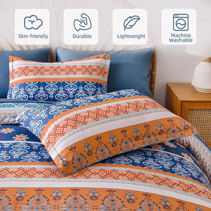 WONGS BEDDING Boho Comforter Set Full, Blue and Orange Bedding Set 7 Pieces Bed in a Bag Bohemian Striped Bedding Comforter Sets Soft Microfiber Comfortet and Sheet Set for All Season