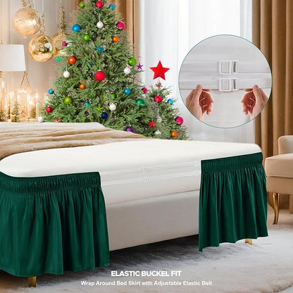 Biscaynebay Wrap Around Bed Skirts for Full & Full XL Beds 15" Drop, Christmas Hunter Green Adjustable Elastic Dust Ruffles Easy Fit Wrinkle & Fade Resistant Silky Luxurious Fabric Machine Washable