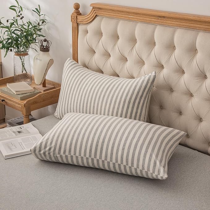 PURE ERA Jersey Knit Pillowcases 100% T-Shirt Cotton Super Soft Comfy Breathable, Set of 2, Standard 20" x 26", Grey & White Stripe