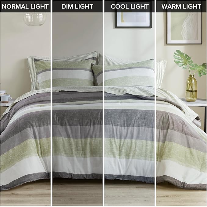 Madison Park Essentials Jaxon Cal King Comforter Set, Bed in A Bag Comforter & Sheet Set, Modern Casual Stripes Print, All Seasons, Soft Bedding Makeover, Matching Sham, Cal King Green/Grey 7 Piece