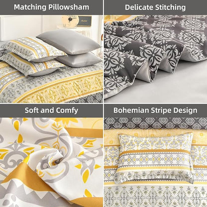 WONGS BEDDING Boho Comforter Set King Size,7 Pieces Bed in a Bag Bohemian Striped Bedding Set,Yellow Paisley Floral Comfortet and Sheet Set,Soft Microfiber Bedding Sets for All Season