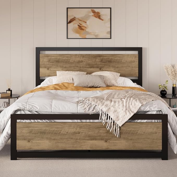 SHA CERLIN Heavy Duty Full Size Bed Frame with Modern Headboard, Brown | Platform Metal Base with Square Footboard and 13 Strong Slats Support, No Box Spring Needed