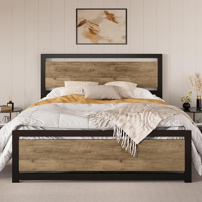 SHA CERLIN Heavy Duty Queen Size Bed Frame with Modern Headboard, Brown | Platform Metal Base with Square Footboard and 13 Strong Slats Support, No Box Spring Needed