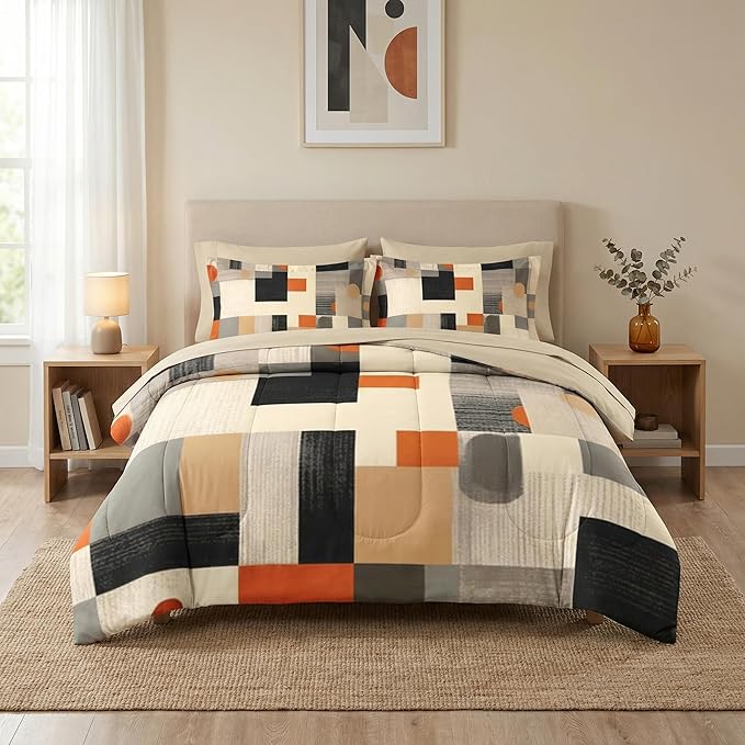 Comforter Set King Size, Geometric Painting Contemporary 7 Pcs Bedding for Kids and Adults, Gray Orange Bed Sheet Sets with Fitted Sheet 2 Pillowcase & 2 Sham for Bedroom Bed Decor