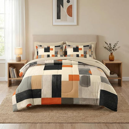 Comforter Set King Size, Geometric Painting Contemporary 7 Pcs Bedding for Kids and Adults, Gray Orange Bed Sheet Sets with Fitted Sheet 2 Pillowcase & 2 Sham for Bedroom Bed Decor