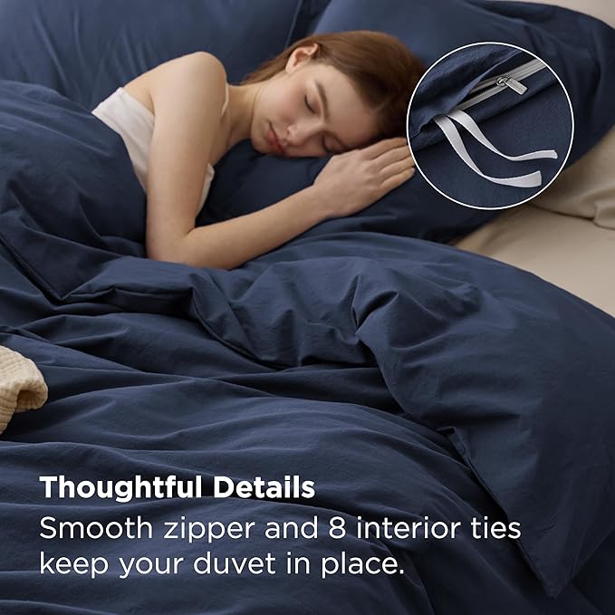 Bedsure 100% Washed Cotton Duvet Cover Oversized King Size - Navy Minimalist Bedding Set Linen Like - PureWoven Plain Simple & Soft Comforter Cover for All Seasons (Navy, Oversized King, 120"x98")