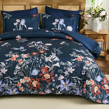 WONGS BEDDING King Comforter Set 7 Piece, Navy Blue Floral Bed in a Bag Bedding Set with Botanical Flowers Patterns, Soft Lightweight Complete Comforters with Sheets for All Season