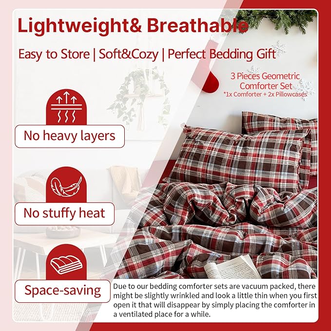 EAVD Vintage Style Red&Brown Buffalo Plaid Comforter Set Queen Soft 100% Washed Cotton Chic Grid Checkered Ginham Bedding Set with 2 Pillowcases Farmhouse Geometric Comforter Set for All-Season