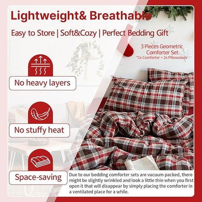 EAVD Vintage Style Red&Brown Buffalo Plaid Comforter Set Twin XL Soft 100% Washed Cotton Chic Grid Checkered Ginham Bedding Set with 2 Pillowcases Farmhouse Geometric Comforter Set for All-Season