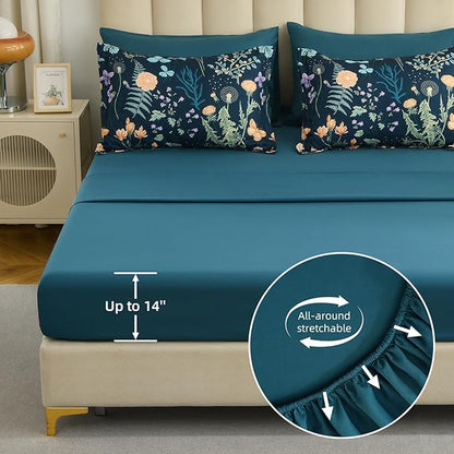 Yiran Blue Twin Comforter Set with Sheets, 6 Piece Floral Bed in a Bag with Botanical Flowers Patterns, Botanical Bedding Set, Soft Microfiber Complete Bedding Set with Sheets for All Season