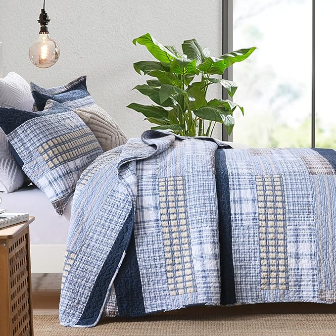 PANGUSHAN Quilt Set Queen Size, 100% Cotton Quilt Bedding Set Bedspreads, Patchwork Plaid Farmhouse Reversible Lightweight Comforter Bed Spread for Queen Bed, Blue, 3 Pieces