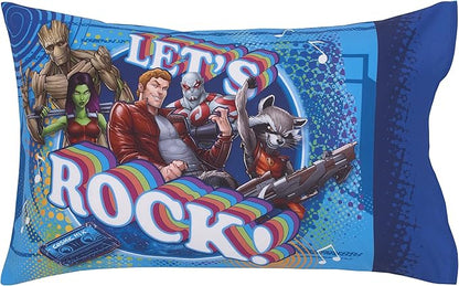 NoJo Marvel Guardians of The Galaxy Blue Let's Rock 4 Piece Toddler Bed Set - Comforter, Fitted Bottom Sheet, Flat Top Sheet, and Reversible Pillowcase