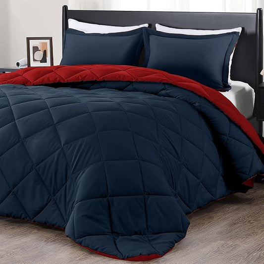 downluxe Twin Comforter Set - Red and Navy Twin Comforter, Soft Bedding Sets for All Seasons -2 Pieces - 1 Comforter (66"x92") and 1 Pillow Sham(20"x26")