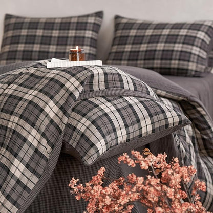 EAVD Vintage Style Dark Grey Plaid Duvet Cover Twin Soft 100% Muslin Cotton Modern Grid Checkered Bedding Set with 2 Pillowcases Reversible Gingham Duvet Cover with Zipper Closure