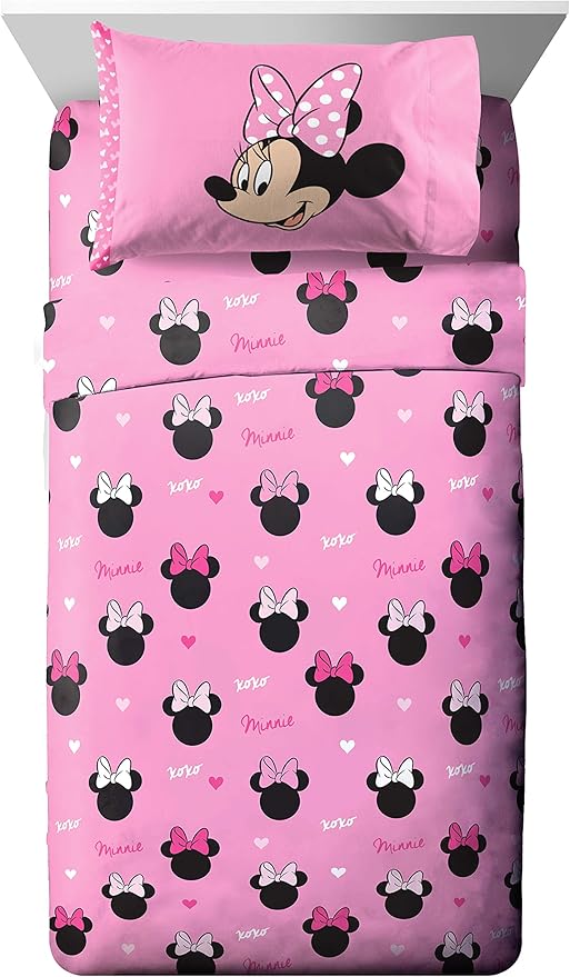 Jay Franco Kids Sheet Set with Fitted, Flat Sheets & Pillow Cover - Ultra-Soft Bedding with Pillowcase for Room Decor, Pink - Minnie Mouse, 4 Piece Full