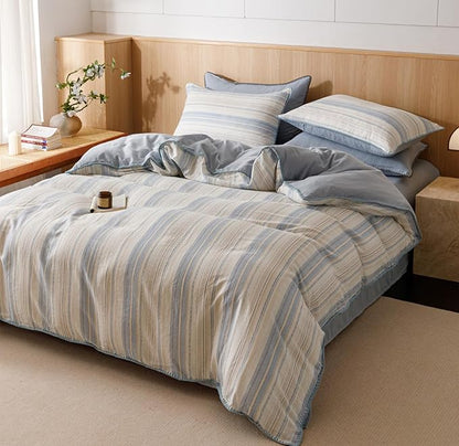 VM VOUGEMARKET Blue White Stripes Duvet Cover King 100% Cotton Muslin Duvet Cover Embroidered Cozy Simple Modern Bedding Set for Men Women