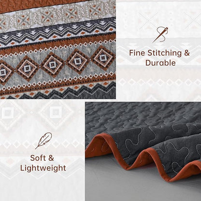 WONGS BEDDING 3 Pieces Quilt Set King Size, Burnt Orange Quilt Bedspread Lightweight Bohemian Coverlet Set with 2 Pillowcase, Soft Geometry Printed Bedding Set King for All Season 104"×90"