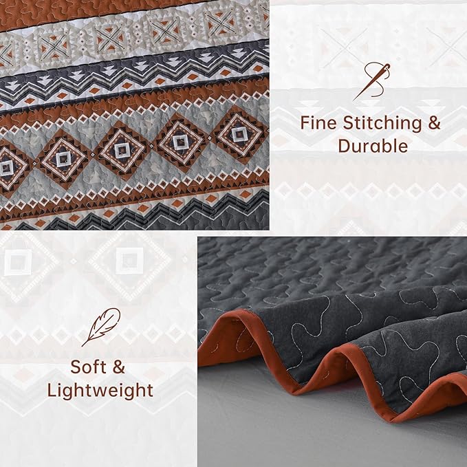 WONGS BEDDING 3 Pieces Quilt Set Queen Size, Burnt Orange Quilt Bedspread Lightweight Bohemian Coverlet Set with 2 Pillowcase, Soft Geometry Printed Bedding Set Queen for All Season 96"×90"