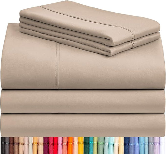 LuxClub 5 PC Split King Sheet Set, Breathable Luxury Bed Sheets, Deep Pockets 18" Eco Friendly Wrinkle Free Cooling Sheets Machine Washable Hotel Bedding Silky Soft - Light Khaki Split King