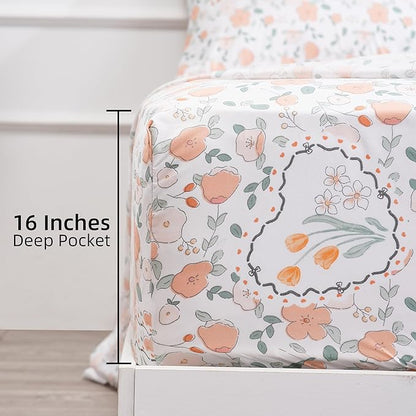 Floral Printed Twin Size Sheet Set - Silky Soft Microfiber, Wrinkle Free, and Luxurious Bed Sheets - Includes Flat Sheet, Fitted Sheet and Pillowcases - Orange, Full Size
