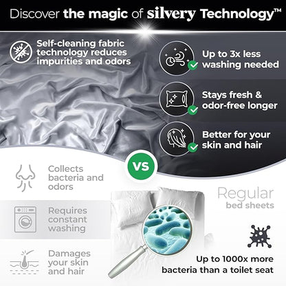 Silvery Silver Infused Bed Sheets Set - Ultra-Soft Temperature-Regulating Fabric with Self-Cleaning Technology™ That Stays Fresh 3X Longer for Hygienic Sleep (Gray, California King)