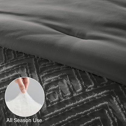 Zzlpp Twin Comforter Set 5 Pieces, Dark Grey Tufted Bed in a Bag with Comforter and Sheets, All Season Boho Bedding Sets with 1 Comforter, 1 Pillow Sham, 1 Pillowcase, 1 Flat Sheet, 1 Fitted Sheet