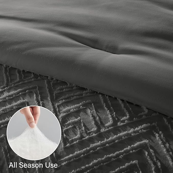 Zzlpp Full Comforter Set 7 Pieces, Dark Grey Tufted Bed in a Bag with Comforter and Sheets, All Season Boho Bedding Sets with Comforter, 2 Pillow Shams, 2 Pillowcases, 1 Flat Sheet, 1 Fitted Sheet