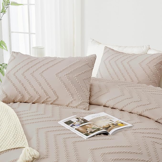Andency Linen Comforter Set Full Size, Boho Soft Warm Tufted Bedding Comforter Sets for Full Size Bed, 3 Pieces Aesthetic Chevron Farmhouse Cute Bohemian Textured Bed Set
