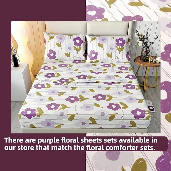SDIII Purple Floral Comforter Set Queen 3 Pieces, Soft Microfiber Lightweight Vintage Floral Queen Comforter Set, Vintage Bedding for All Season