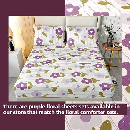 SDIII Purple Floral Comforter Set Queen 3 Pieces, Soft Microfiber Lightweight Vintage Floral Queen Comforter Set, Vintage Bedding for All Season