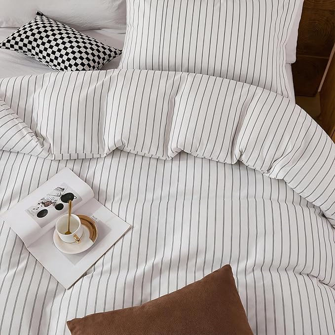 Bedbay Cotton Striped Duvet Cover Set King Size, Black & White Minimal Bedding Set, 100% Cotton Sateen,Soft Breathable Hotel Style Comforter Cover with Zipper Closure & Corner Ties