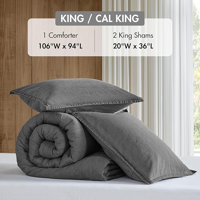 Woolrich King Comforter Set Cotton Stone Washed, Oversized Comforters King Size Bed, All Season Down Alternative Overfilled King Size Comforter, McKenzie, King/Cal King Grey 3 Piece