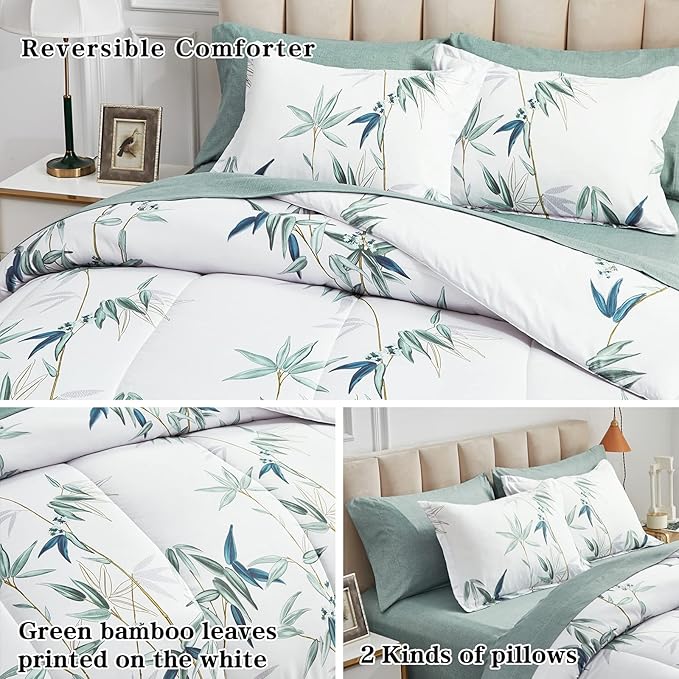 6 Pieces Bed in a Bag Twin Comforter Set with Sheets, Green Leaves on White Botanical Design Bedding Sets for Kids (1 Comforter, 2 Pillow Shams, 1 Flat Sheet, 1 Fitted Sheet, 1 Pillowcases)