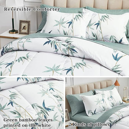 6 Pieces Bed in a Bag Twin Comforter Set with Sheets, Green Leaves on White Botanical Design Bedding Sets for Kids (1 Comforter, 2 Pillow Shams, 1 Flat Sheet, 1 Fitted Sheet, 1 Pillowcases)