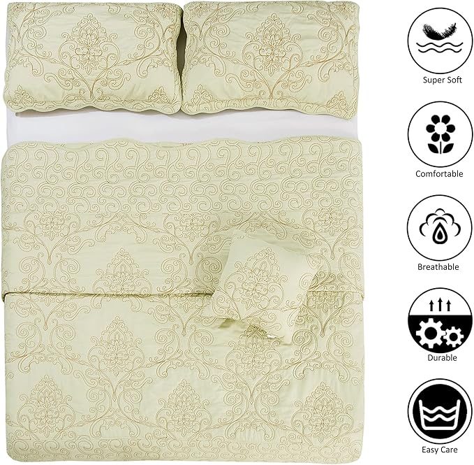 Home Soft Things Damask 4 Piece Bedspread Set, Scalloped Edge Quilt Coverlet Comforter Prewashed Bedding Set, Matelasse Embossed Floral Solid Pattern, Yellowish Green Oversize Queen(110" x 120")