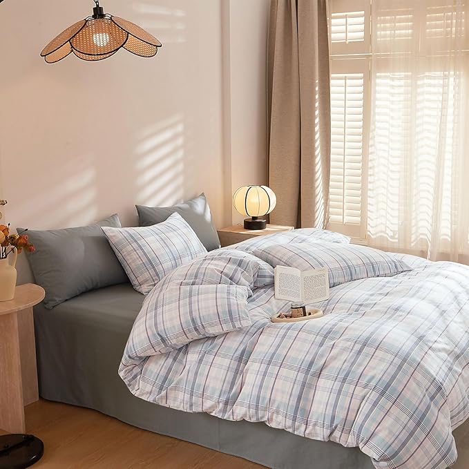 EAVD Colorful Gingham Duvet Cover Queen Soft Washed Cotton Chic Grid Plaid Duvet Cover with 2 Pillowcases Modern Grid Checkered Bedding Set for Boys Girls Women Men Farmhouse Gingham Bedding Set