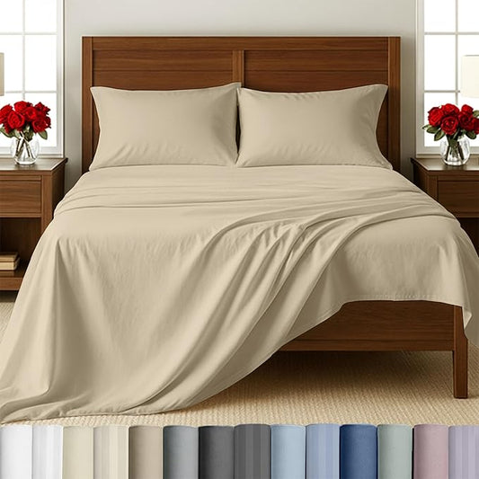 California Design Den Natural 100% Cotton Sheets Queen Size Bed Set - 500 Thread Count Sateen, Fully Elasticized Deep Pockets for a Snug Fit, Breathable Bedding - Beige
