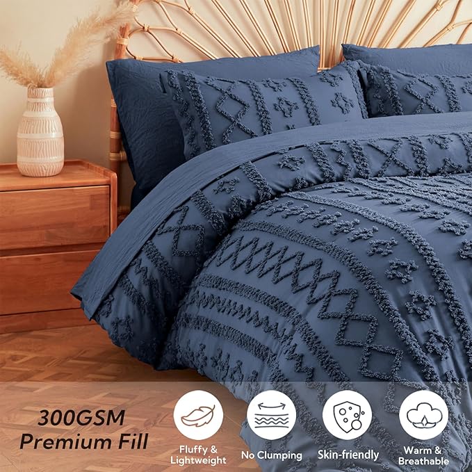 MR&HM California King Comforter Set Navy Blue, 7 Pieces Tufted Boho Beddding Sets, Farmhouse Bed in a Bag with 1 Comforter, 2 Pillow Shams, 2 Pillowcases, 1 Flat Sheet, 1 Fitted Sheet