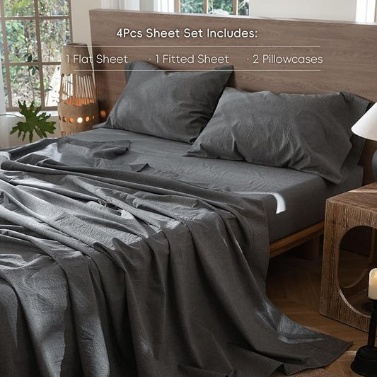 MooMee Bedding Sheet Set 100% Washed Cotton Linen Like Textured Breathable Durable Soft Comfy (Heathered Dark Grey, California King)