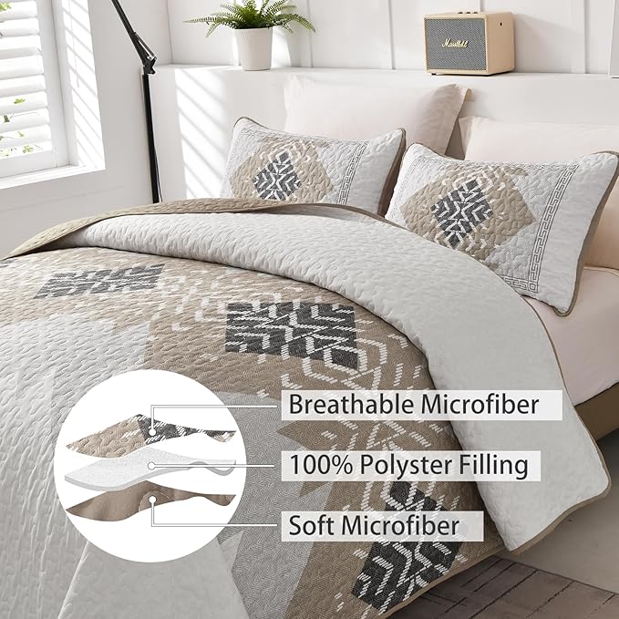 Dintszyayue Brown Boho Quilt Set King,3 Pieces Aztec Texture Quilt with 2 Pillowcases,Bohemian Geometric Bedspread Bedding Set Microfiber Quilted Coverlet Set for All Seasons King Size(90"×103")