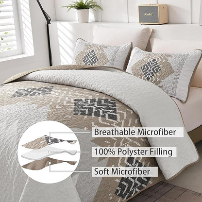 Dintszyayue Boho Quilt California King Size,3 Piece Aztec Texture Bedspread Coverlet Set Khaki Soft Quilt Set Lightweight Bedding Set Geometric Bohemian Bedspread with 2 Pillowcases(Khaki,96"x112")
