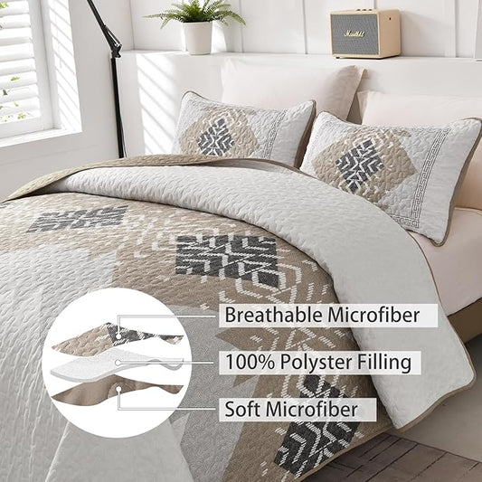 Dintszyayue Boho Quilt California King Size,3 Piece Aztec Texture Bedspread Coverlet Set Khaki Soft Quilt Set Lightweight Bedding Set Geometric Bohemian Bedspread with 2 Pillowcases(Khaki,96"x112")