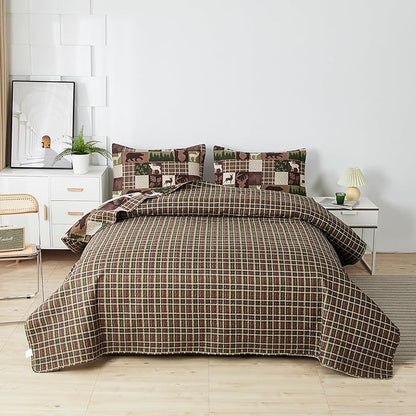 Ycosy Lodge Plaid Quilt Set Moose Bear Bedding King Size Rustic Bedspread Cabin Coverlet Wildlife Forest Quilts Comforter Summer Lightweight Bed Cover with 2 Pillow Shams