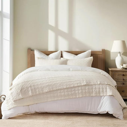 EVERGRACEHOME Stonewashed Quilt Set Full Queen Size, Ultra Soft Oversized Bedspread Coverlet Set, Lightweight Crinkle Box Stitch Bedding Sets for All Season, with 2 Shams, Ivory White