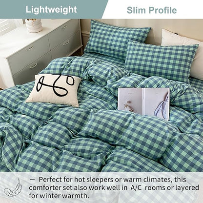 EAVD Queen Comforter Set Green Gingham Comforter Set 3 Pieces Soft Fluffy Cotton Bedding Set with 2 Pillowcases Modern Grid Checkered Plaid Bedding Set for All-Season Lightweight&Breathable