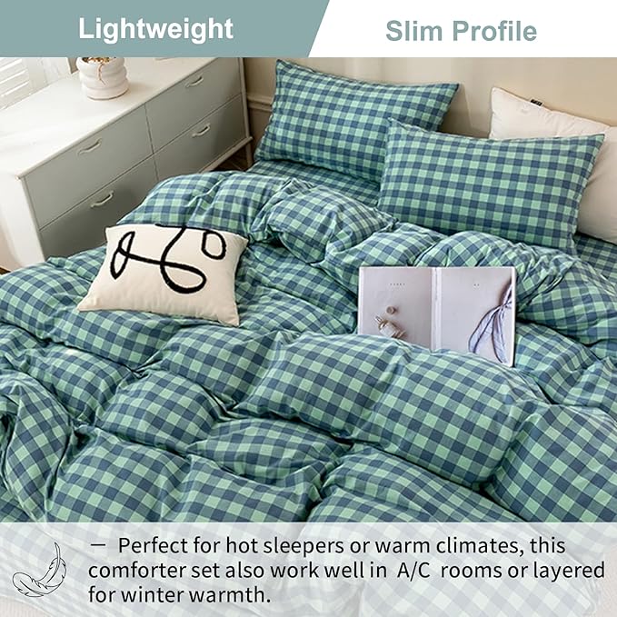 EAVD Green Gingham Comforter Set Twin XL Soft Fluffy 3-Piece Modern Green Grid Checkered Plaid Bedding Set with 2 Pillowcases for Boys Women Men Farmhouse Geometric Comforter Set for All-Season