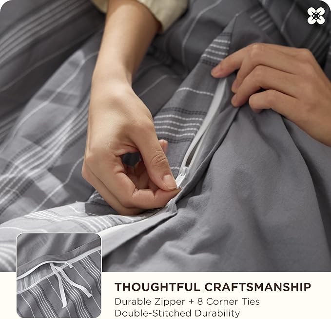 Bedsure Striped Duvet Cover Queen Size, 100% Washed Cotton PureWoven Duvet Cover Linen Like Textured, Classic Striped Pattern Enhances Bedroom Comfort and Style, Stripes Grey, 90"x90"